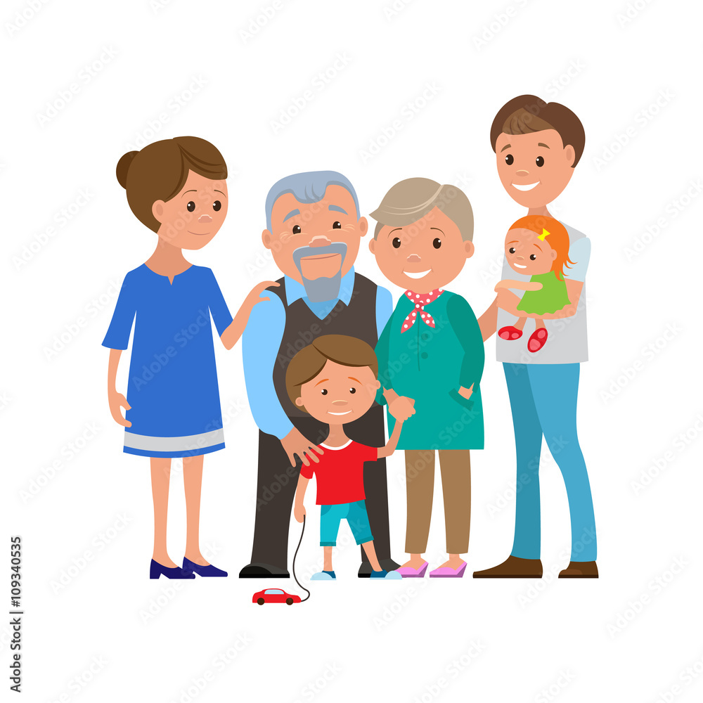 Vector illustration of happy family posing and smiling. Cartoon mother, father, boy, baby and grandparents are standing together Vector illustration of happy family posing and smiling. Cartoon mother, father, boy, baby and grandparents are standing together