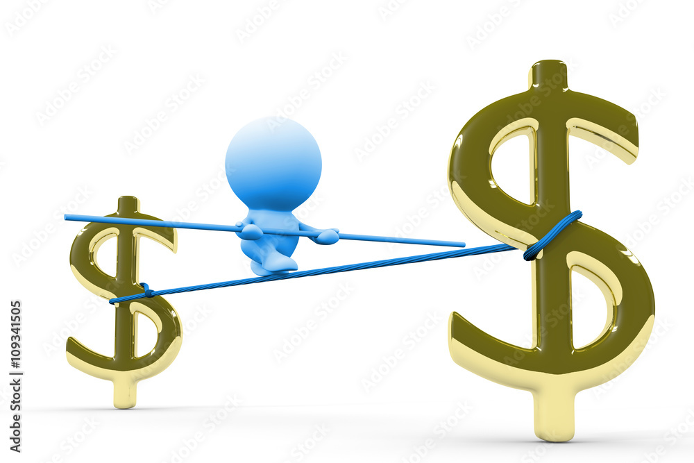 tightrope walking blue human person on a wire between huge golden dollar sign tightrope walking blue human person on a wire between huge golden dollar sign