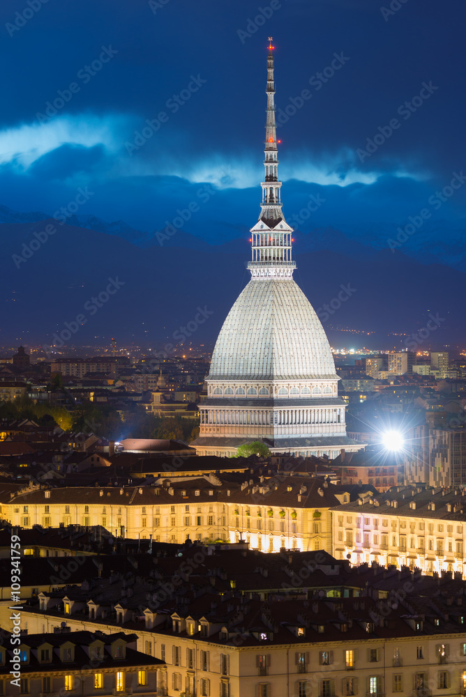 Glowing cityscape of Torino (Turin, Italy) at dusk