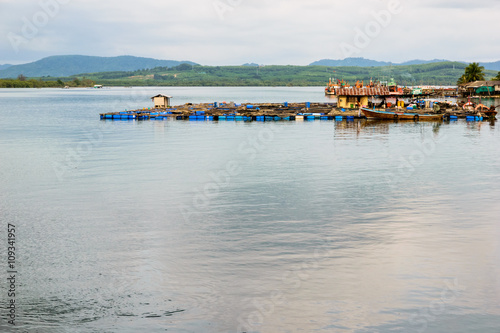 Fish Farm with floating cage at sea in Phuket Province  Thailand