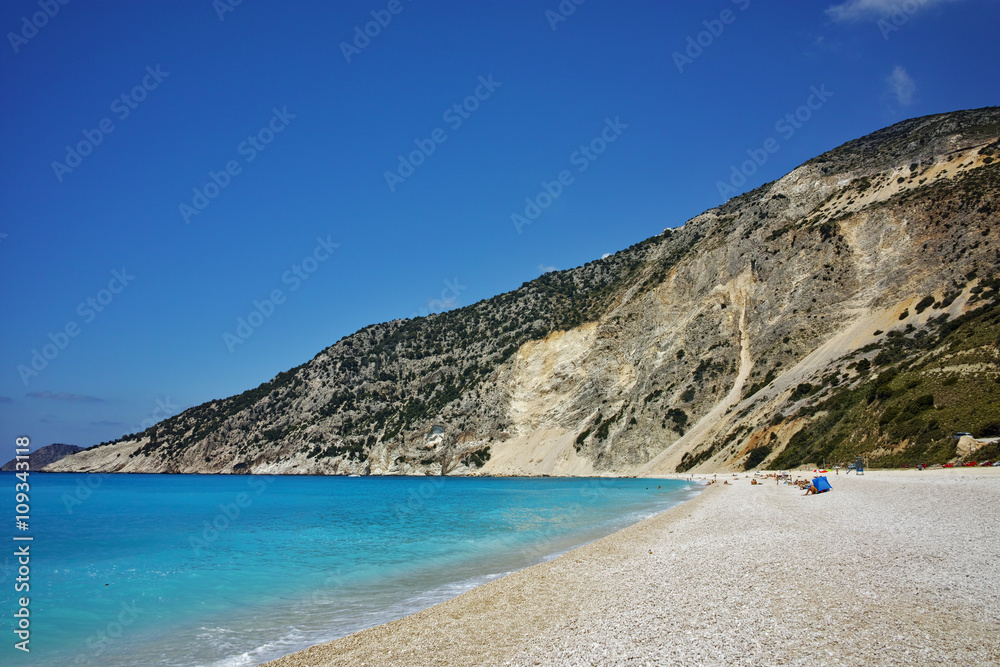 Blue waters of Myrtos beach, Kefalonia, Ionian islands, Greece