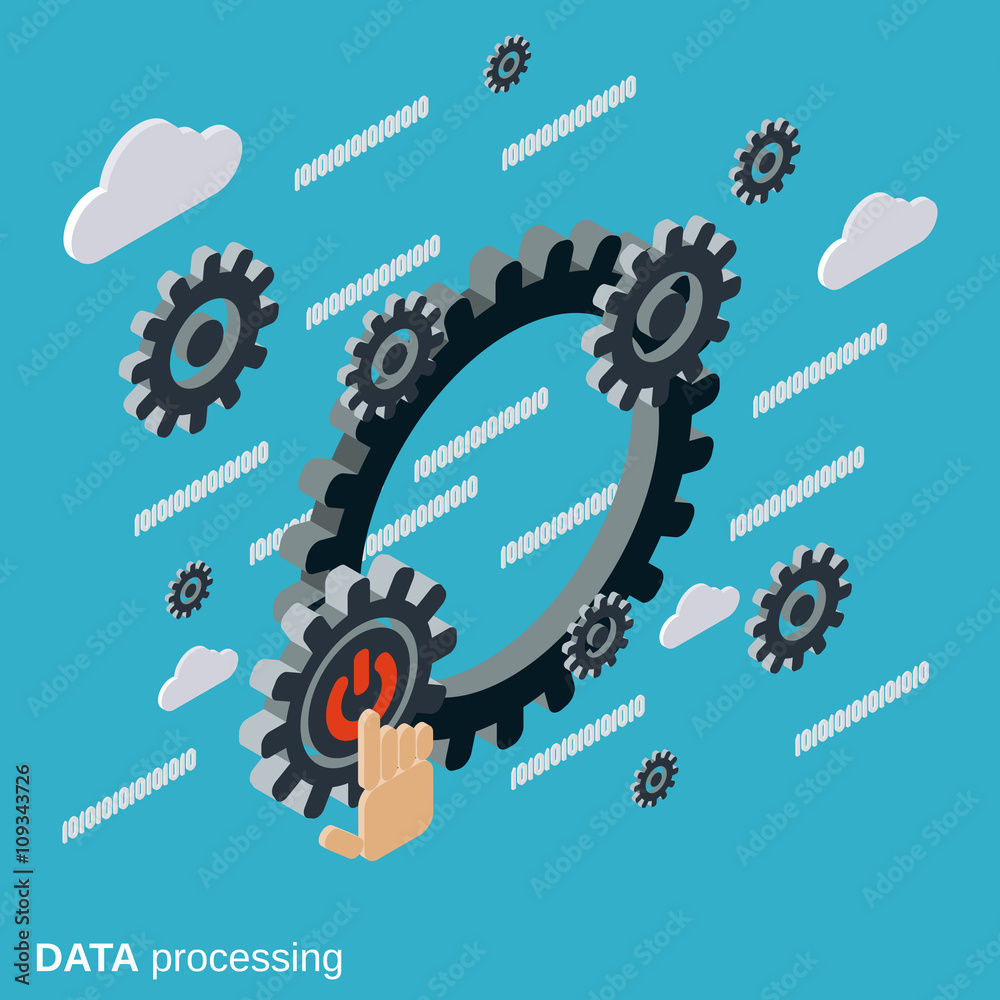 Fototapeta premium Data processing, cloud computing flat isometric vector concept