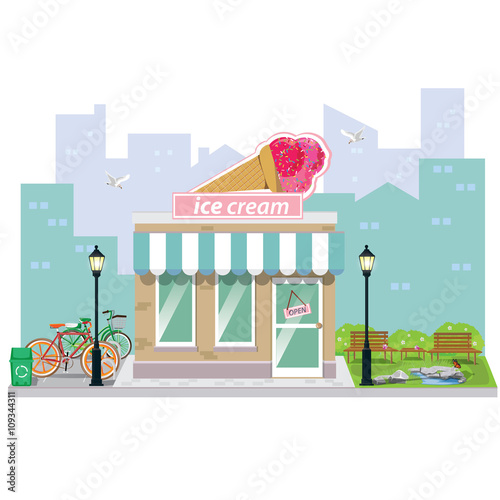 illustration. ice cream and shop building facade.