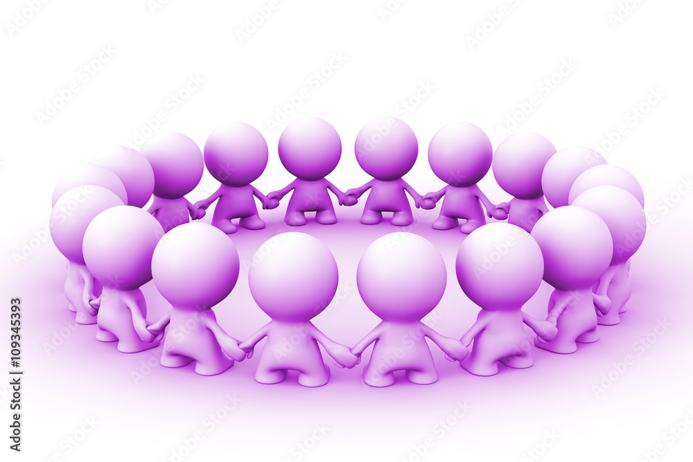 many purple 3d human characters standing in a circle facing each other (3d illustration) many purple 3d human characters standing in a circle facing each other (3d illustration)