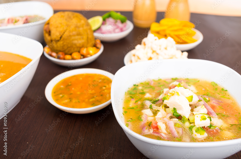 Fresh fish ceviche with spicy sauce and traditional food Fresh fish ceviche with spicy sauce and traditional food