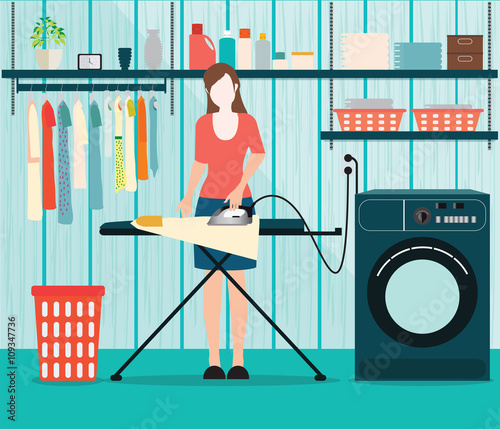 Woman ironing of clothes on ironing board.