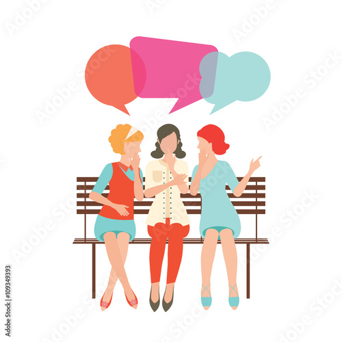 Cartoon character of women with colorful dialog speech bubbles.