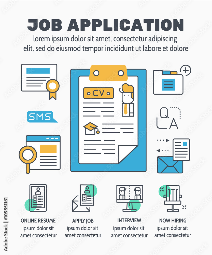 Flat line illustration design of JOB APPLICATION and elements icon concept for website banner, printing , book cover and corporate documents.