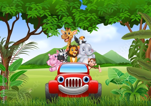 Cartoon animals africa in the red car 