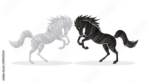 Twin horses designed using black and white grunge brush graphic vector.