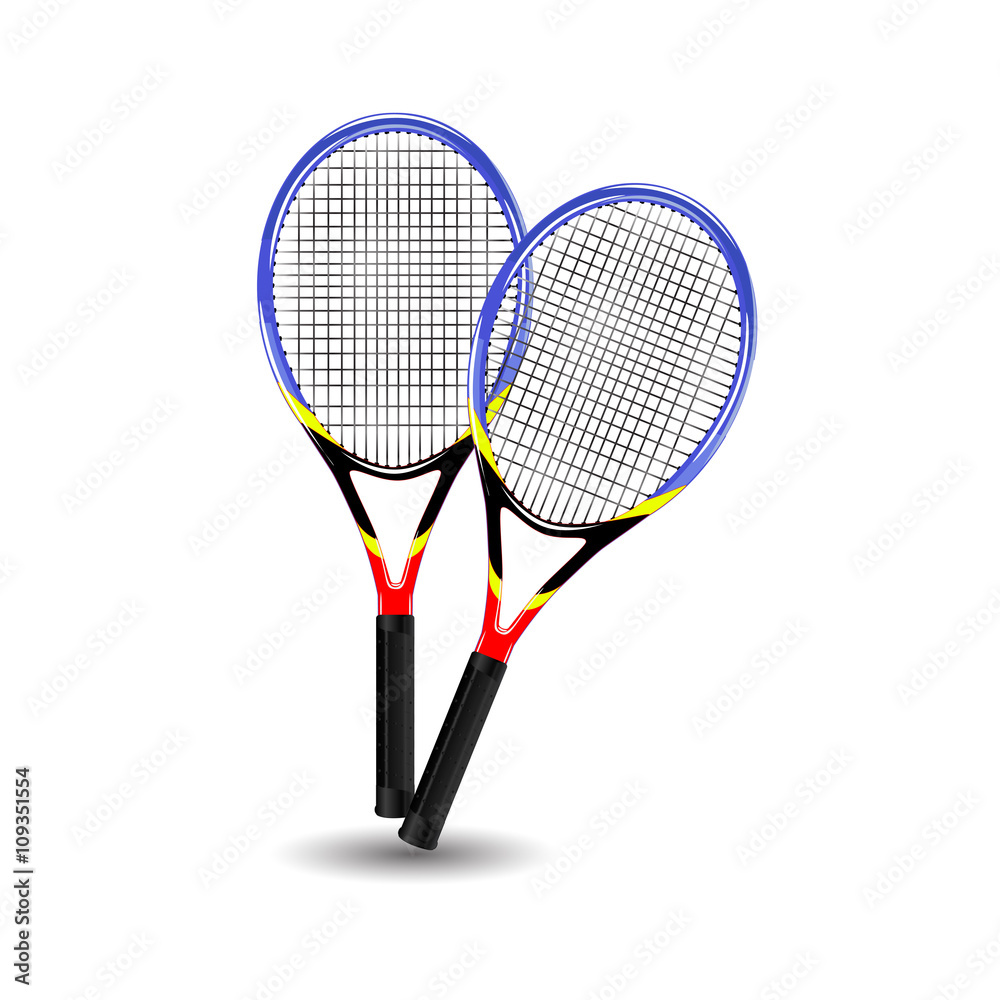 Realistic tennis racket blue, black, red, yellow. Vector illustration.