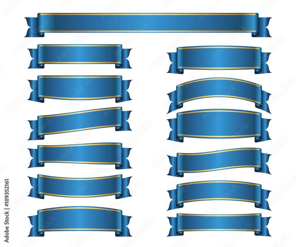 Ribbon banners set. Sign blank for promotion, web, advertising text etc. Collection retro scrolls design decoration elements. Symbol blue vintage label isolated on white background Vector illustration Ribbon banners set. Sign blank for promotion, web, advertising text etc. Collection retro scrolls design decoration elements. Symbol blue vintage label isolated on white background Vector illustration