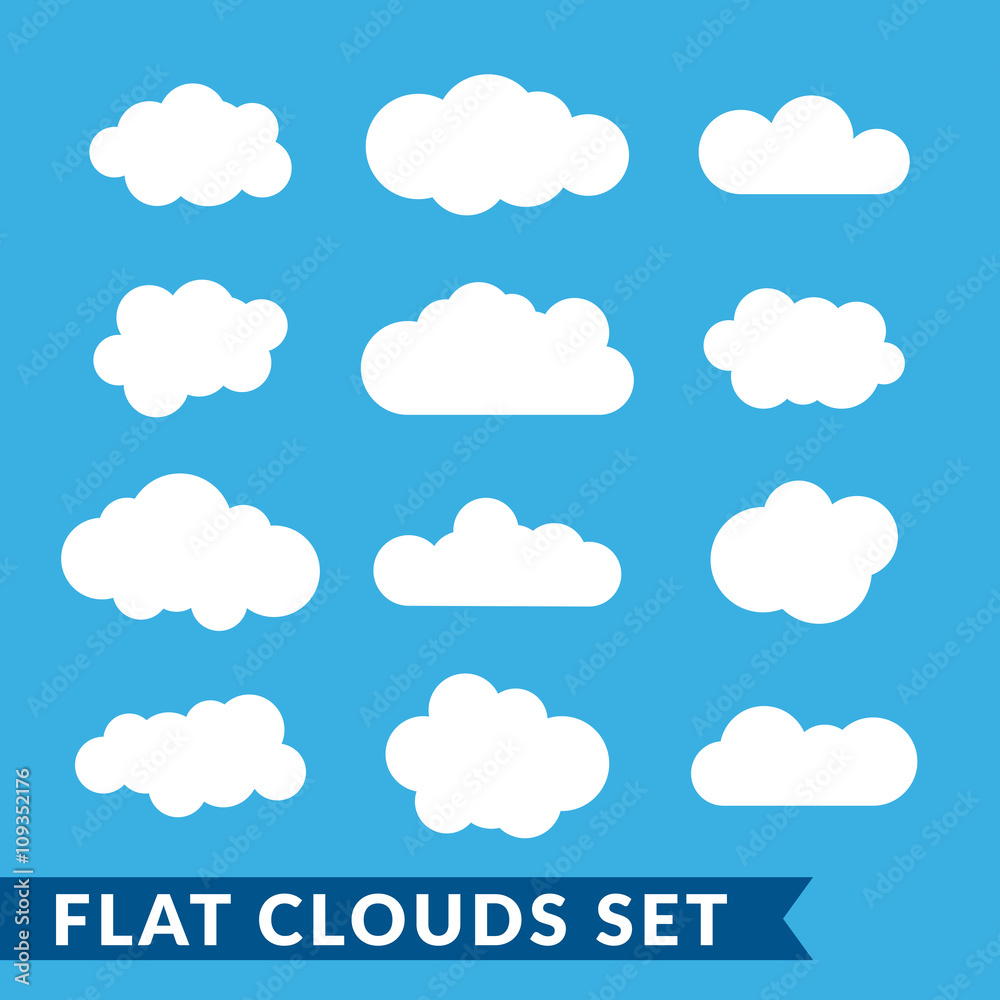 Cloud icons set. White outline isolated on blue sky background. Collection template elements design. Symbol of space, weather, clear and nature. Abstract signs. Flat graphic style. Vector Illustration Cloud icons set. White outline isolated on blue sky background. Collection template elements design. Symbol of space, weather, clear and nature. Abstract signs. Flat graphic style. Vector Illustration