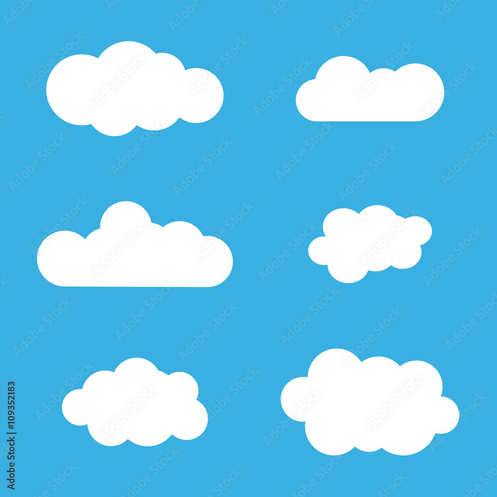 Cloud icons set. White outline isolated on blue sky background. Collection template elements design. Symbol of space, weather, clear and nature. Abstract signs. Flat graphic style. Vector Illustration Cloud icons set. White outline isolated on blue sky background. Collection template elements design. Symbol of space, weather, clear and nature. Abstract signs. Flat graphic style. Vector Illustration