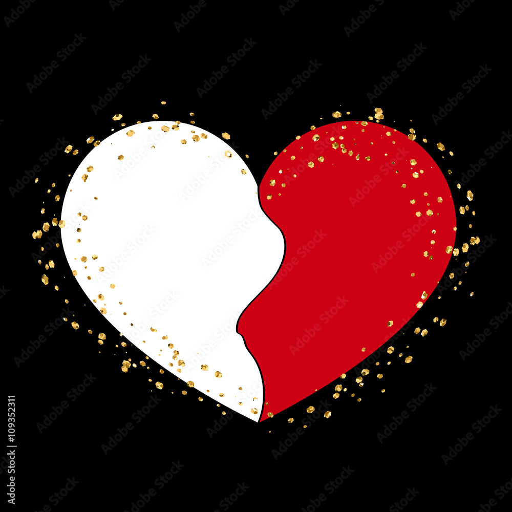Halves red and white heart icon. Two half puzzle. Art design template.  Broken shape sign, isolated on white background. Symbol wedding, Valentine  day, romantic, love. Golden splash Vector illustration Stock Vector