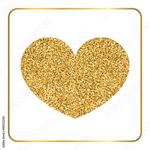 Gold heart. Golden glitter metal sign shape isolated on white background. Symbol love, romantic, holiday. Valentine Day vintage concept Design element Template for invitation, card Vector Illustration