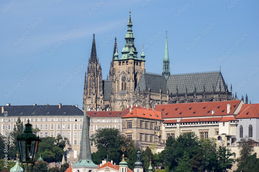View from Charles Bridge towards the St Vitus Cathedral  in Prag
