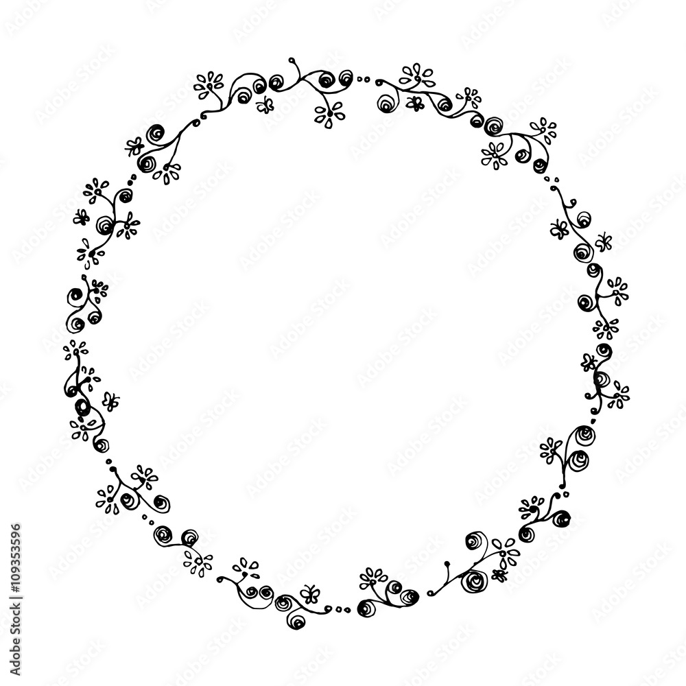 circle flora and butterfly line art illustration. Black and white color. 
