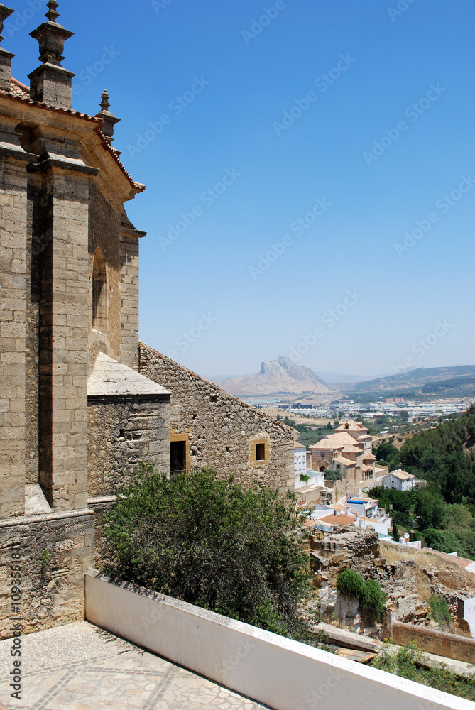 Rear view of Santa Maria church with the lovers mountain to the rear, Antequera, Spain.