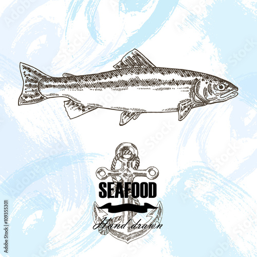 Vintage seafood sketch background. Hand drawn wild trout fish