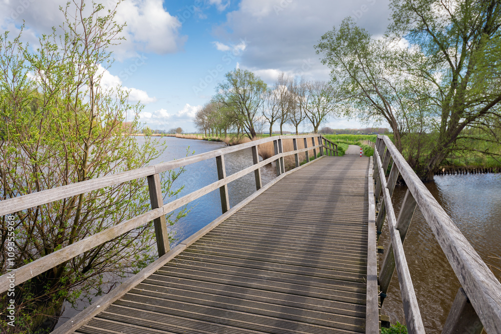 Wooden bridge on a sunny day in springtime