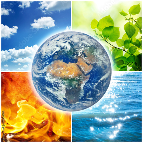 Composition of the four natural elements and Earth. Elements of this image furnished by NASA.
