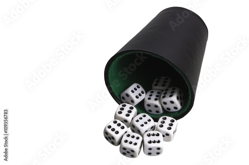 Black glass with white dice on a white background.	