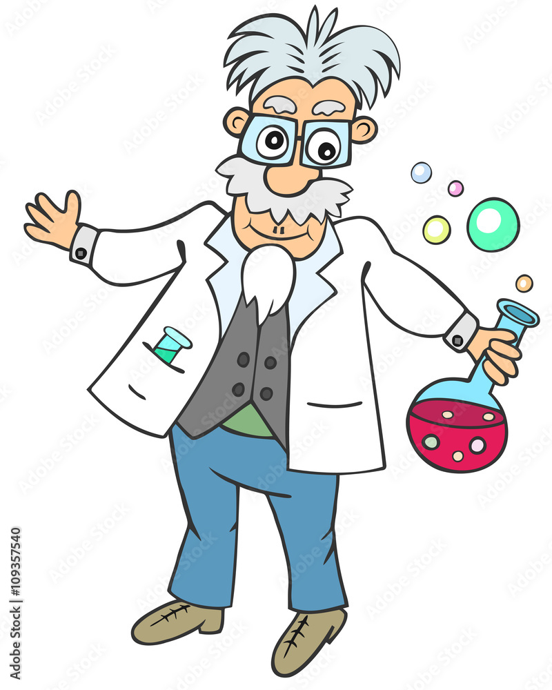 Funny scientist with chemical flask