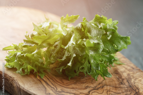 fresh green frillis salad on cutting board, toned photo photo