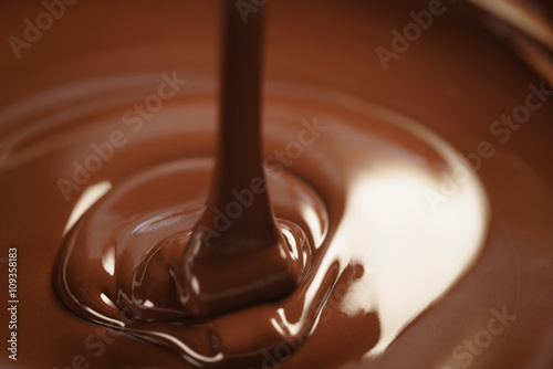 melted dark chocolate flows closeup, shallow focus