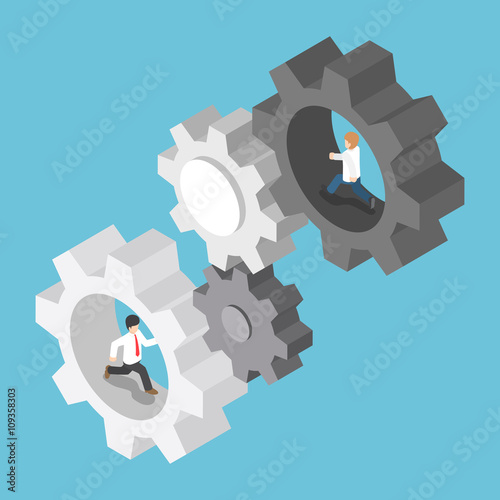Isometric businessman running inside the gear