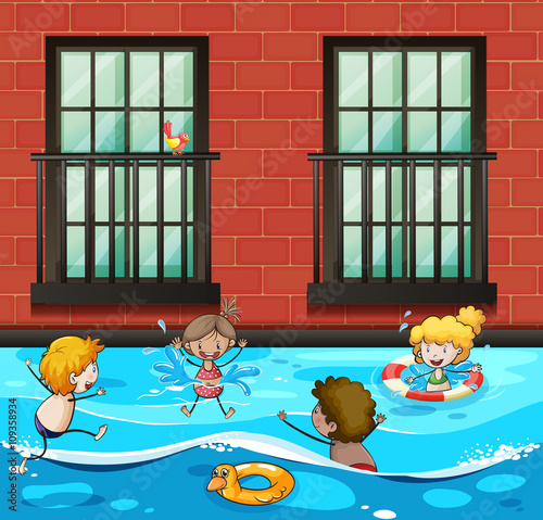 Boys and girls swimming in the pool