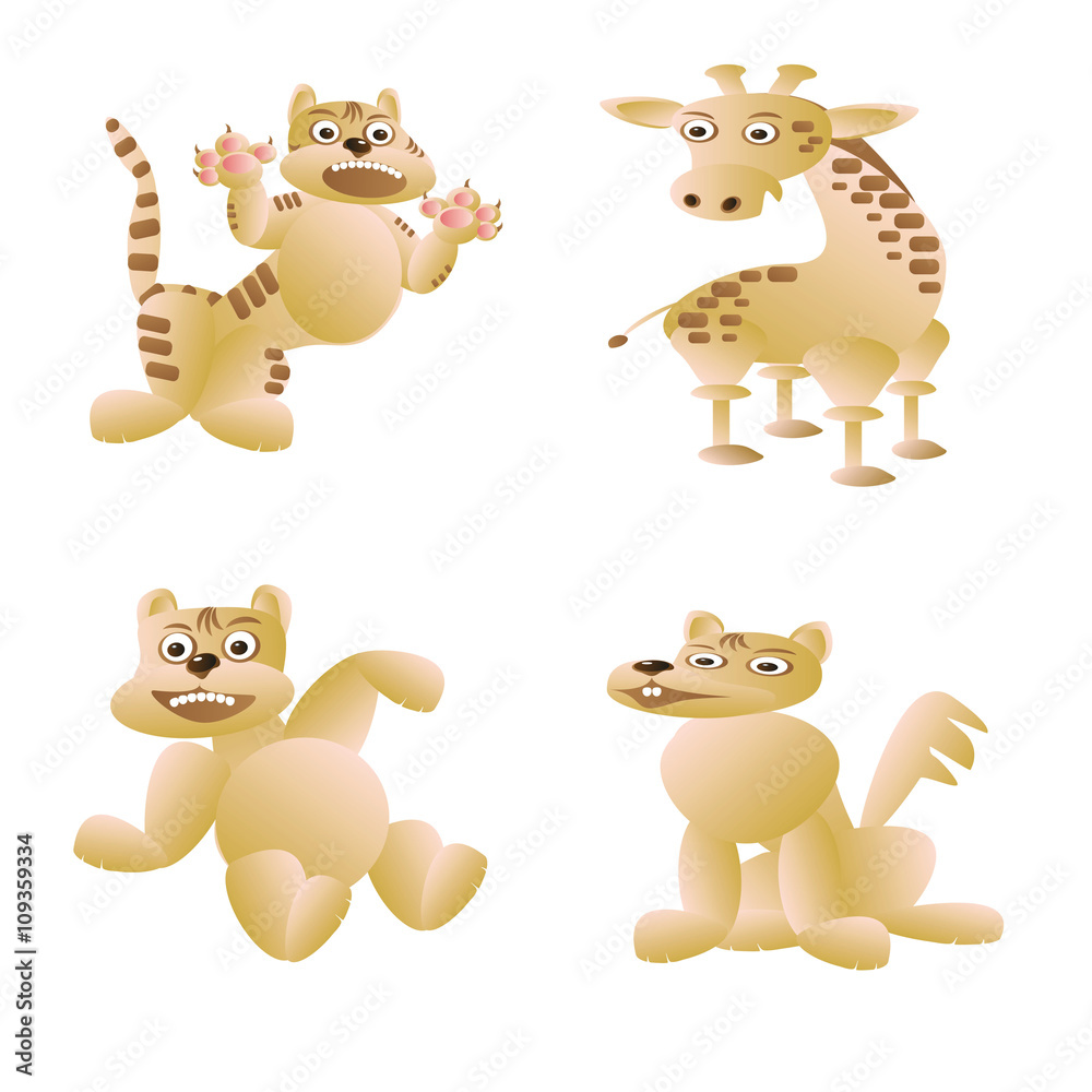 Fototapeta premium set of animal cartoons . A tiger or a cat, a giraffe, a bear, a wolf or a dog