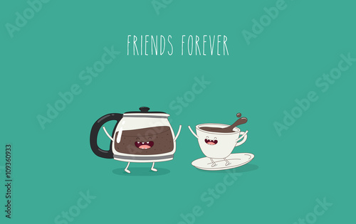 Funny cup of coffee and funny coffee pot. Friend forever. Vector illustration. Comic character