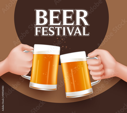Beer Festival Toast of Two Man Holding Mug for Celebration. 3D Realistic Vector Illustration
