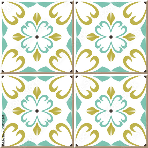 Vintage seamless wall tiles of spiral cross flower, Moroccan, Portuguese.
