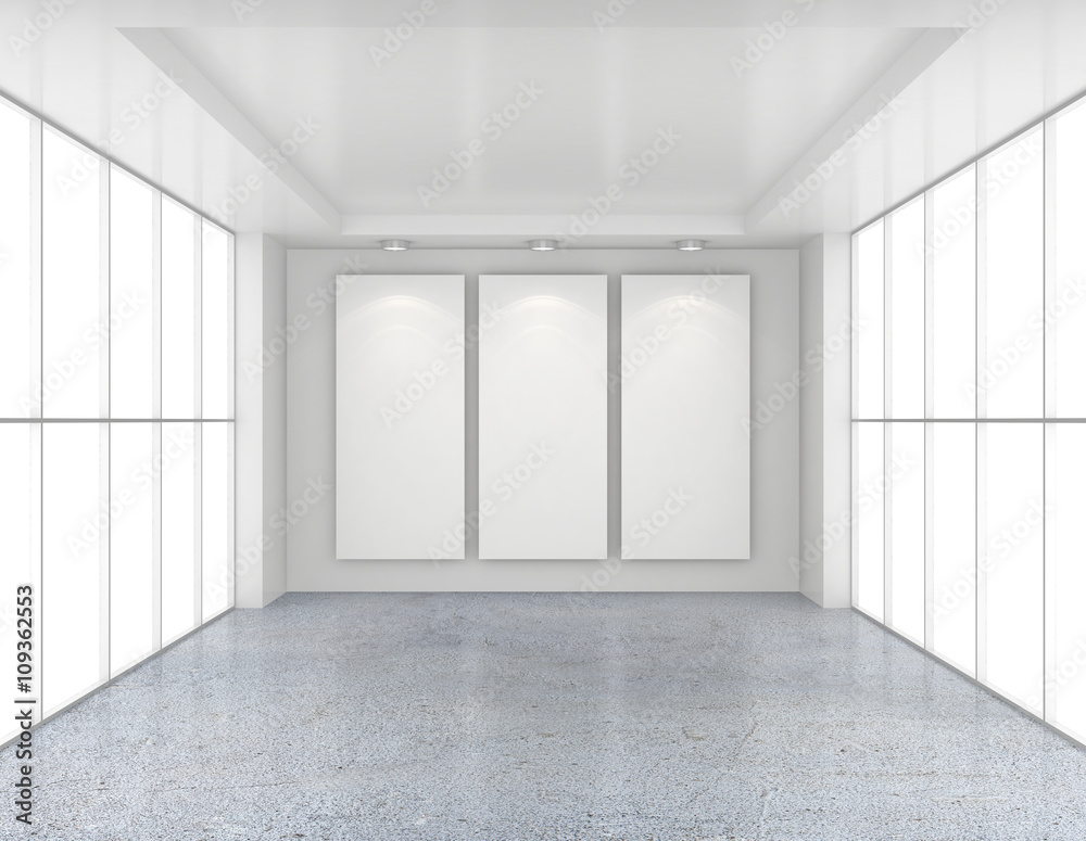 Empty room with white billboards and glossy concrete floor Empty room with white billboards and glossy concrete floor
