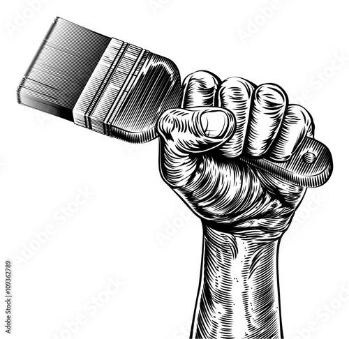 Propaganda Woodcut Fist Hand Holding Paintbrush