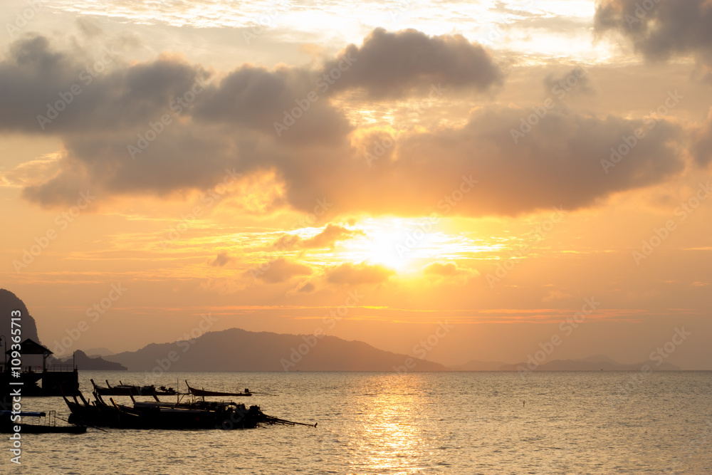 Sea with sunrise in harbor at Phang Nga,Thailand