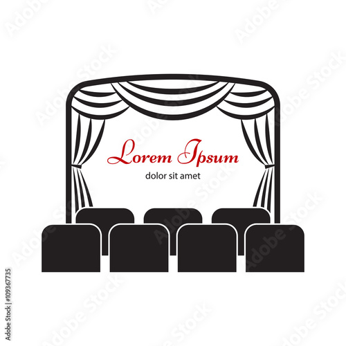 Theater or cinema logo, label or badge template. Theater or cinema icon. Theater stage with curtain and seats vector illustration.