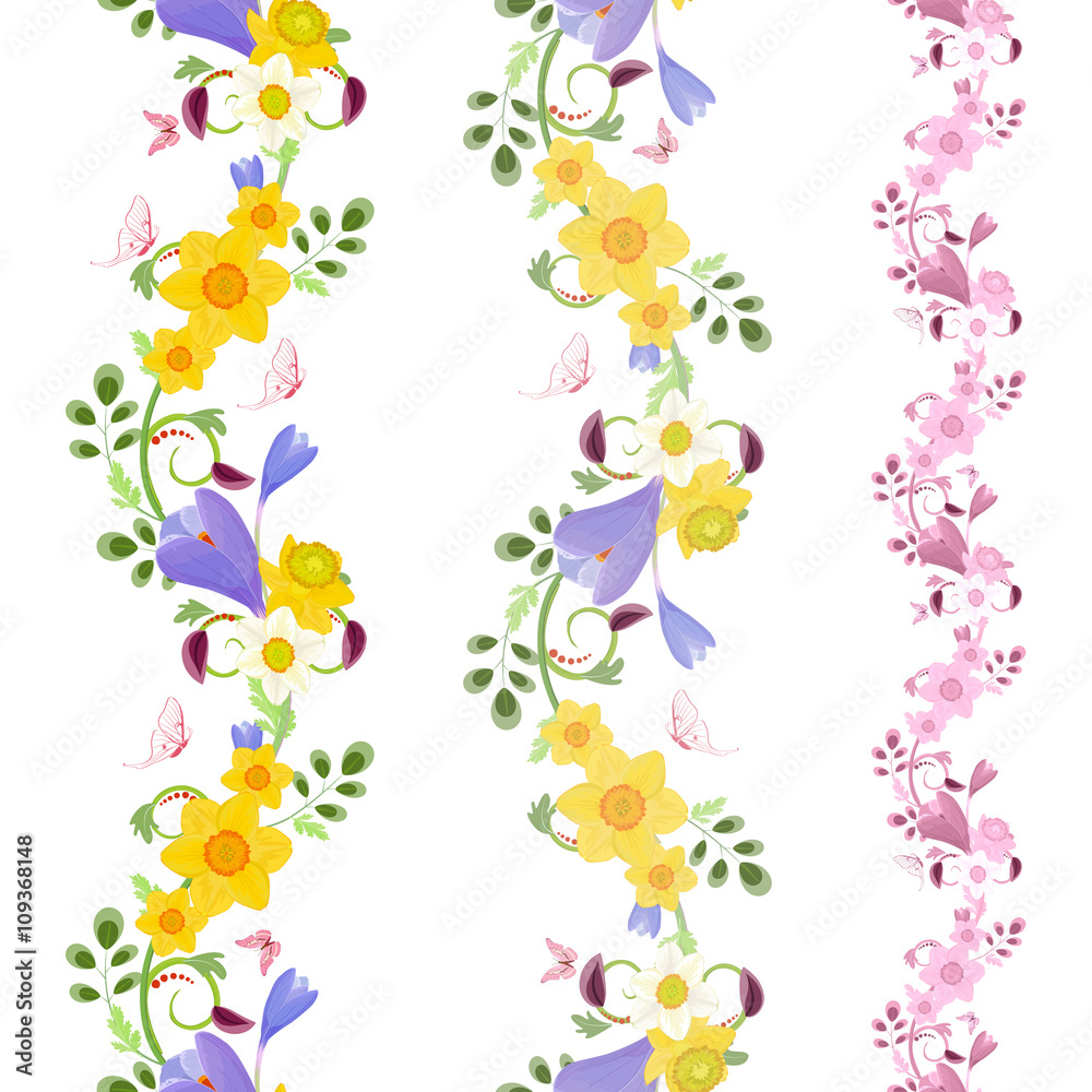 collection vertical seamless borders with crocus and daffodils