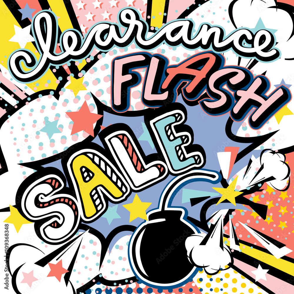 Clearance flash sale handwritten quote. Rose quartz, serenity trend 2016 colors. Pop art bang splash bomb vector illustration Clearance flash sale handwritten quote. Rose quartz, serenity trend 2016 colors. Pop art bang splash bomb vector illustration