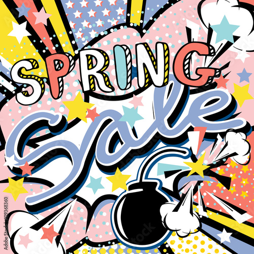 Sale spring handwritten quote. Rose quartz, serenity trend 2016 colors. Pop art bang splash bomb vector illustration 