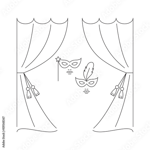 Theater curtain and masks vector line illustration. Theater logo template.