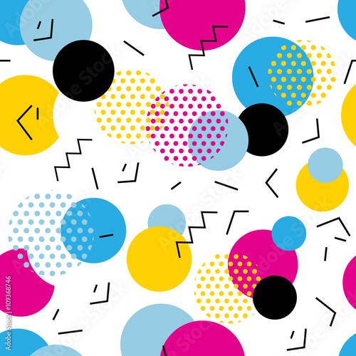 Seamless geometric pattern in retro 80s style. Pop art circles, lines, zigzag pattern on white background.
