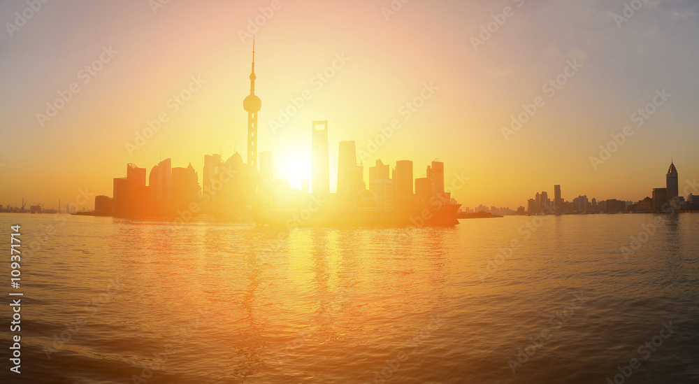 Panoramic at  Shanghai bund landmark skyline of dawn