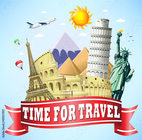 Time to Travel Red Ribbon with Famous Landmarks of the World
