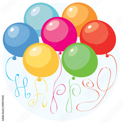 happy holidays balls/colored balls flying off into the sky to form the inscription happy with their ropes
