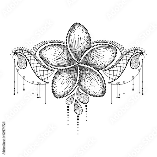 Dotted flower of Plumeria or Frangipani in black with decorative lace isolated on white background. National flower of Laos and Bali. Floral elements in dotwork style for tattoo. 