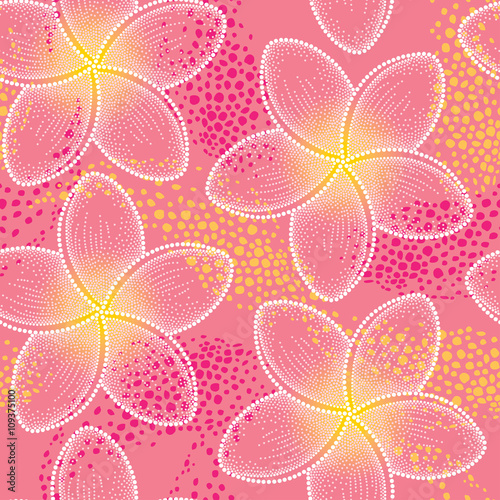 Vector seamless pattern with dotted flower of Plumeria or Frangipani in yellow on the pink background. National flower of Laos and Bali. Floral background in dotwork style for summer design.